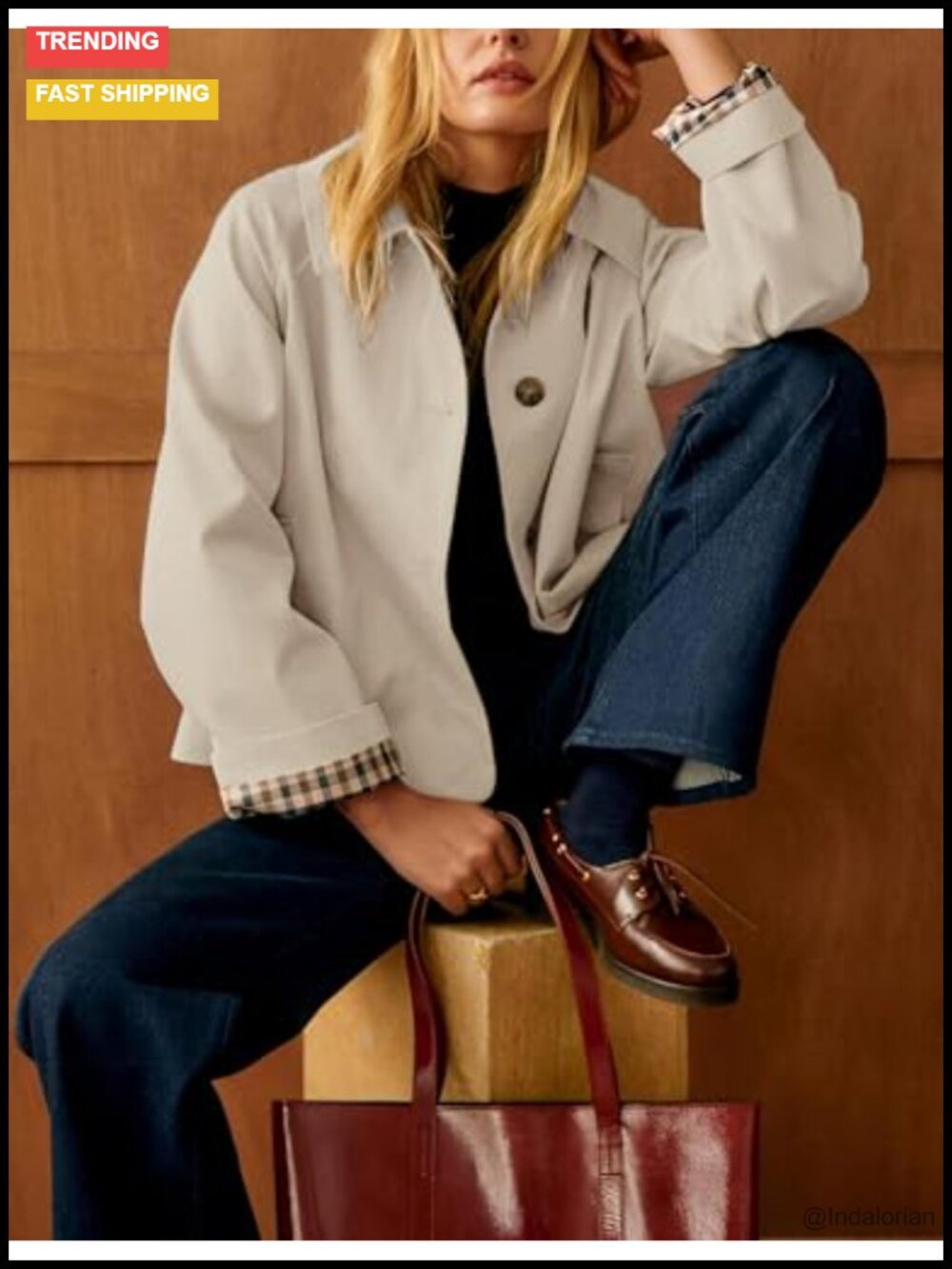 Oversize Trench Coat Plaid Lining Lapel Button Down Crop Jacket - Picture 4 of 6